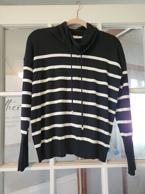 Max Studio Black and White Striped Cowl Neck Sweater
